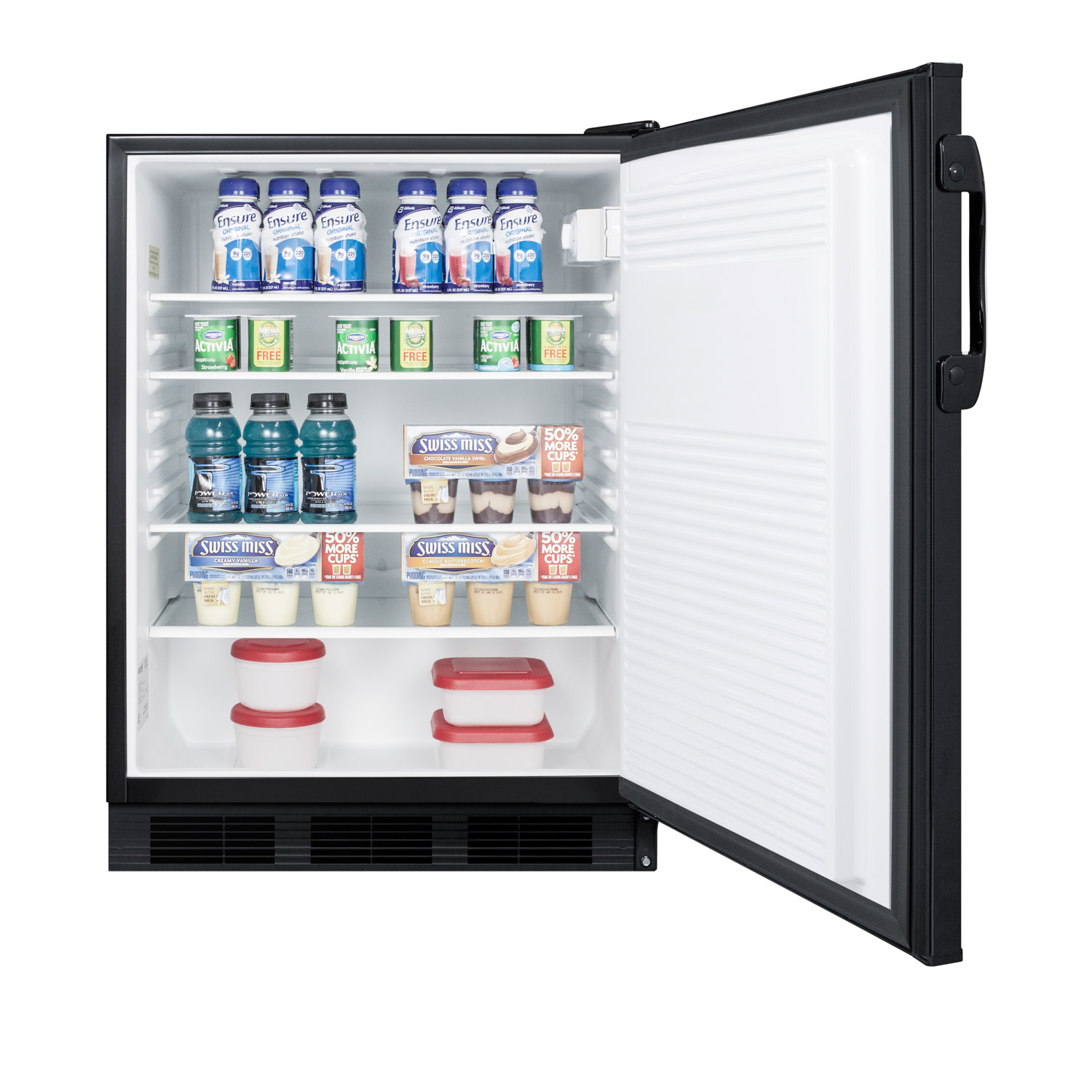 ADA compliant all-refrigerator for freestanding general purpose use, with flat door liner, auto defrost operation and black exterior